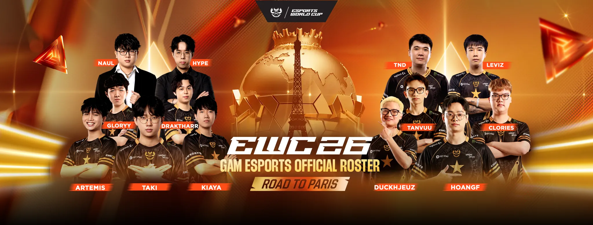 The GAM EWC 2026 roster: the League of Legends five and GAM X, the PUBG squad competing under GAM, Road to Paris