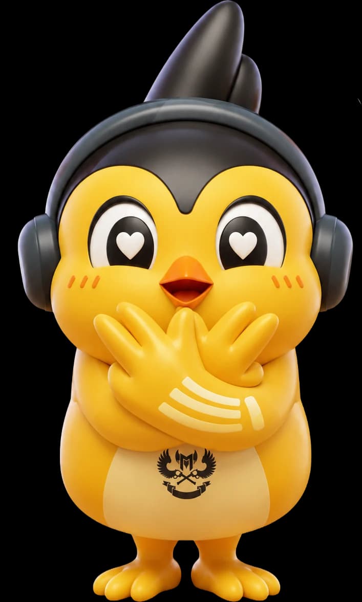 GAMily as The Spark, a yellow Lạc bird mascot with headphones, hyping the crowd