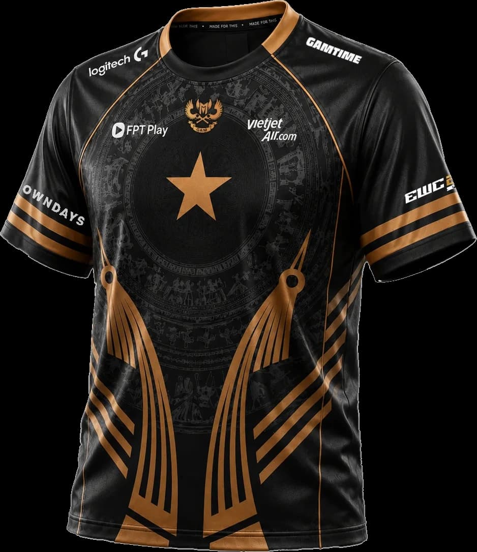 GAM 2026 Rise Reborn jersey, front: a golden star over a Đông Sơn bronze-drum pattern