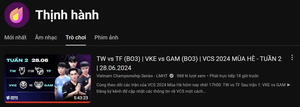 Lượt xem trận đấu của GAM Esports: Top 1 Trending trên YouTube Gaming