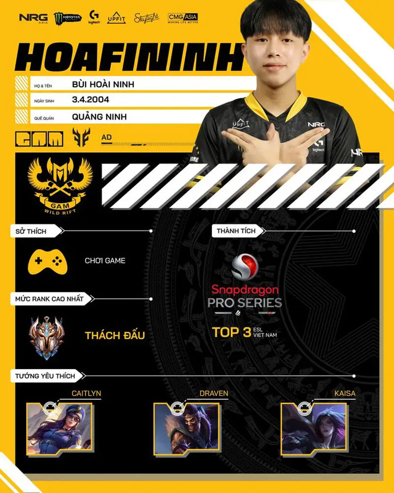 tuyển thủ GAM Esports Wild Rift Bùi “Hoafininh” Hoài Ninh