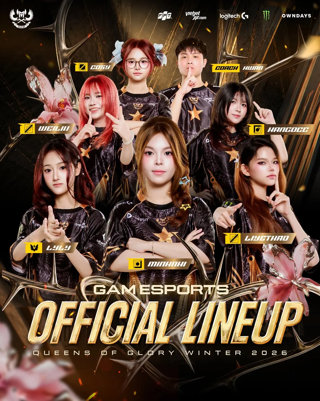 Đội hình nữ Liên Quân Mobile của GAM Esports tại Queens of Glory mùa Đông 2026: Cosy, WeiLiu, HaNgocc, LyLy, MinhNhi, LiyeThao và HLV Hwan