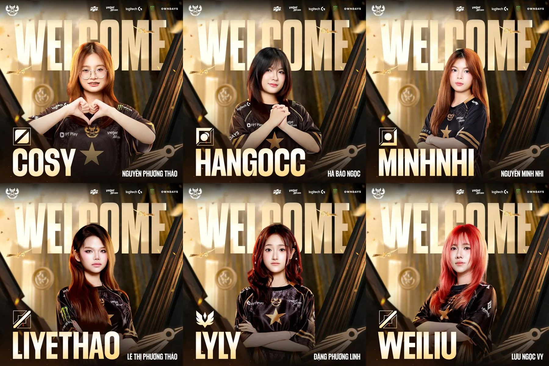 Hình ảnh chào mừng các tuyển thủ nữ Liên Quân Mobile của GAM Esports: Cosy, HaNgocc, MinhNhi, LiyeThao, LyLy và WeiLiu