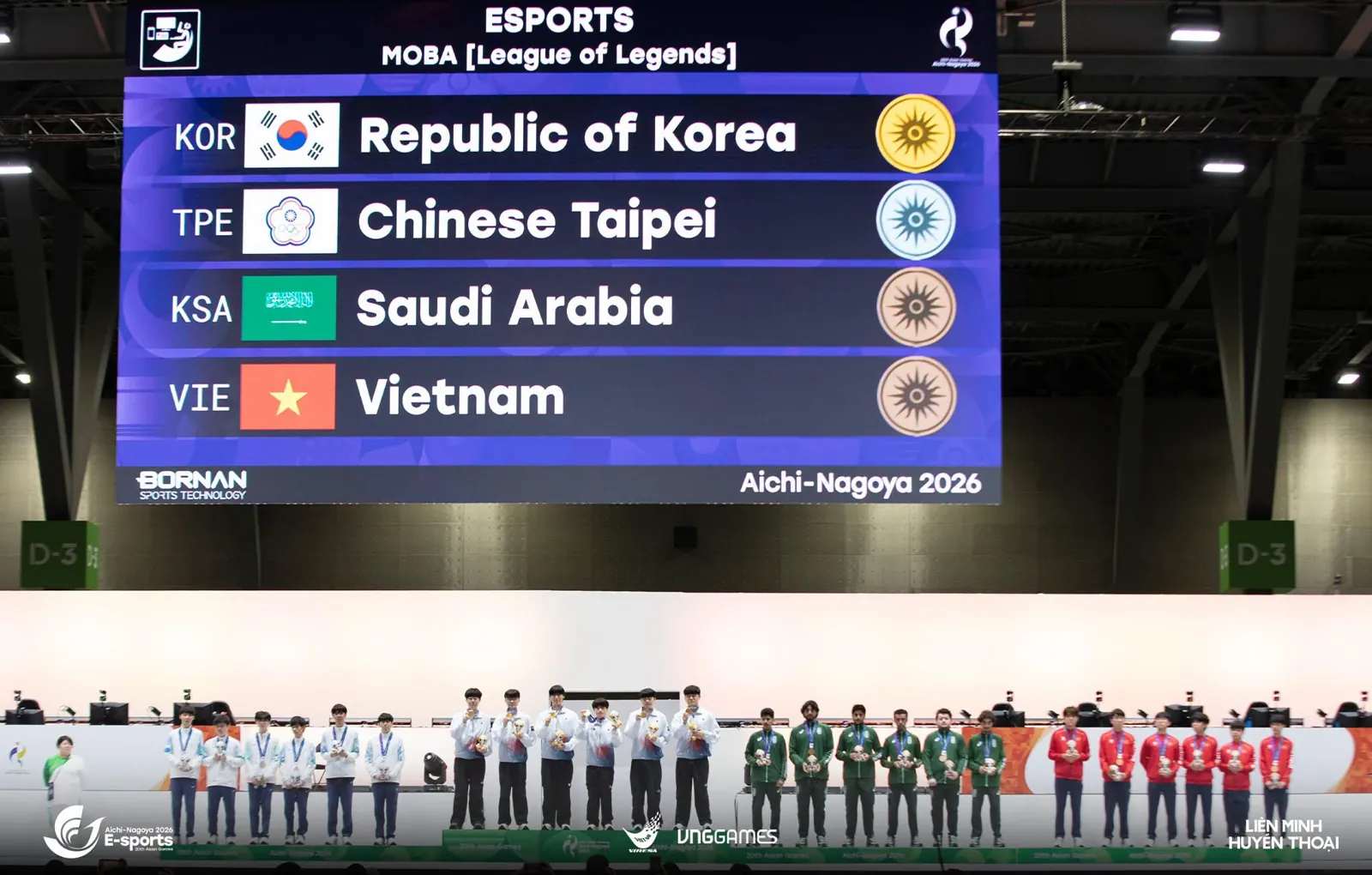 The League of Legends medal board at the 2026 Asian Games: Korea gold, Chinese Taipei silver, Saudi Arabia and Vietnam bronze