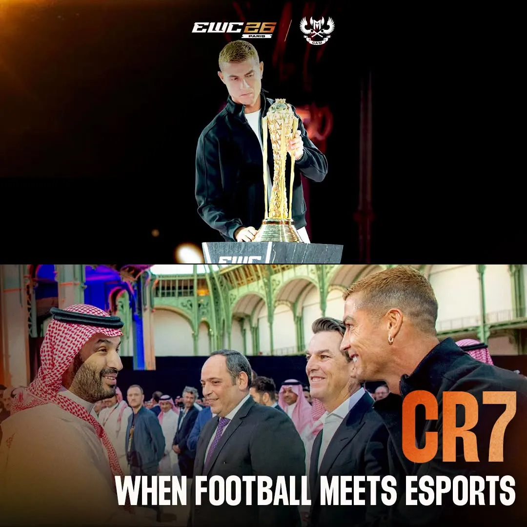 Cristiano Ronaldo with the Esports World Cup trophy, and His Royal Highness Crown Prince Mohammed bin Salman greeting guests at the Grand Palais